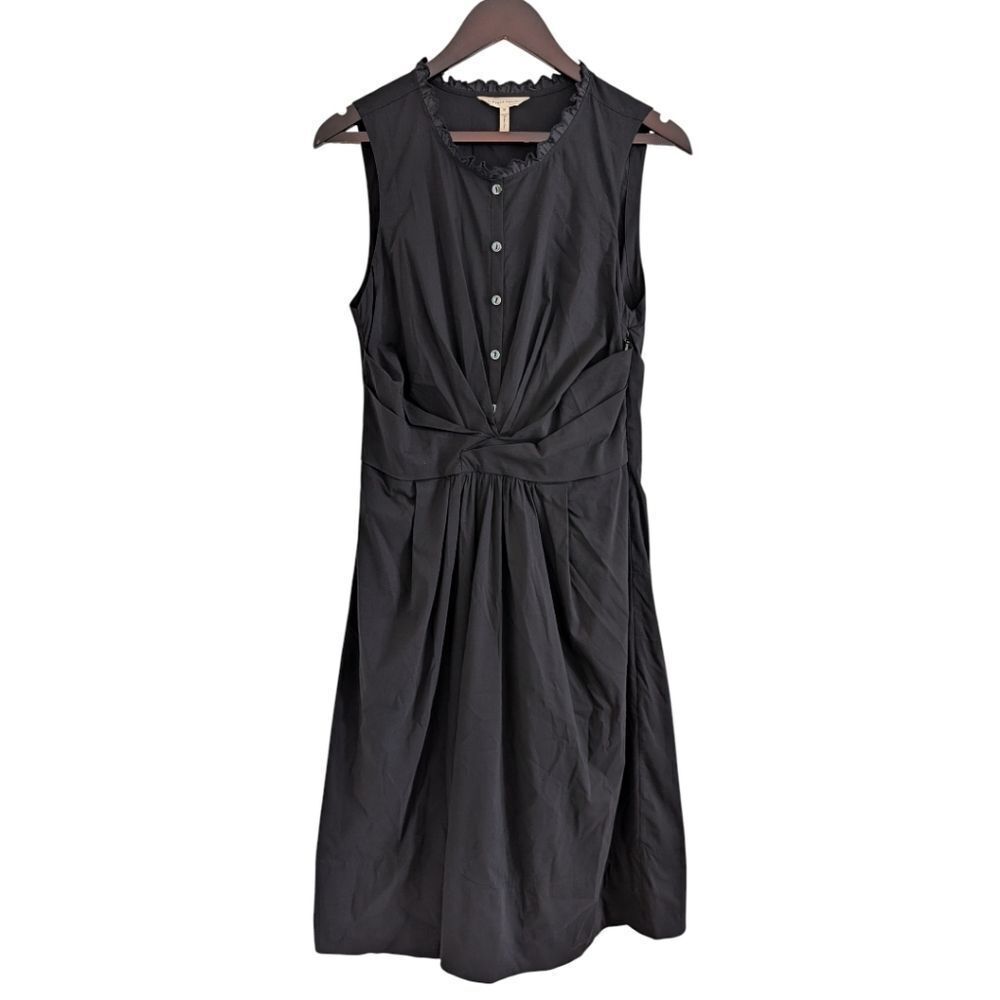 Rebecca Taylor Black Ruched Waist Ruffle Neck Sleeveless Midi Dress Size 10